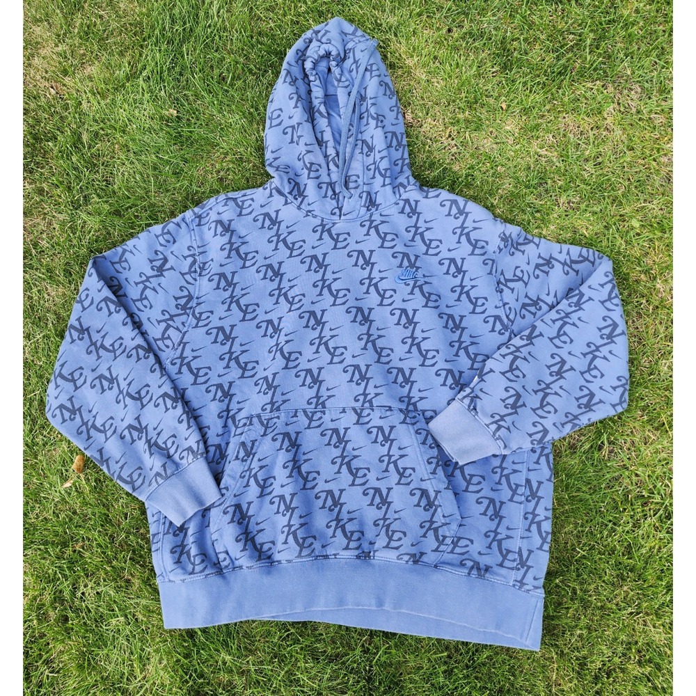 Nike Hoodie Mens XL Script All Over Print Cotton Blue FZ2230-491 Streetwear
